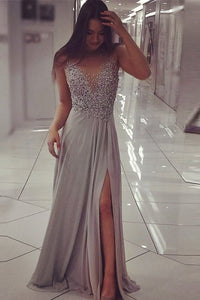 Silver Sequin Scoop Chiffon Silver A-line Floor-length Prom Dresses