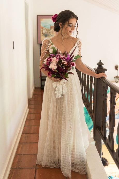 Floor-Length Beaded V-Neck Wedding Dresses