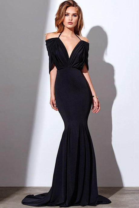 Black Cape-tyle Pleated Bodice Trumpet/Mermaid Long Evening Dresses