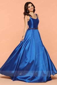 Blue Elegant A-line/Princess Scoop Prom Dresses with Beaded Straps