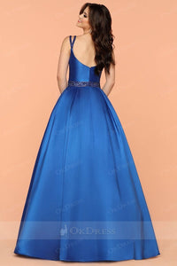 Blue Elegant A-line/Princess Scoop Prom Dresses with Beaded Straps