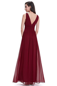 Burgundy Sleeveless A-line/Princess Sleeveless V-neck Chiffon Long Bridesmaid Dress