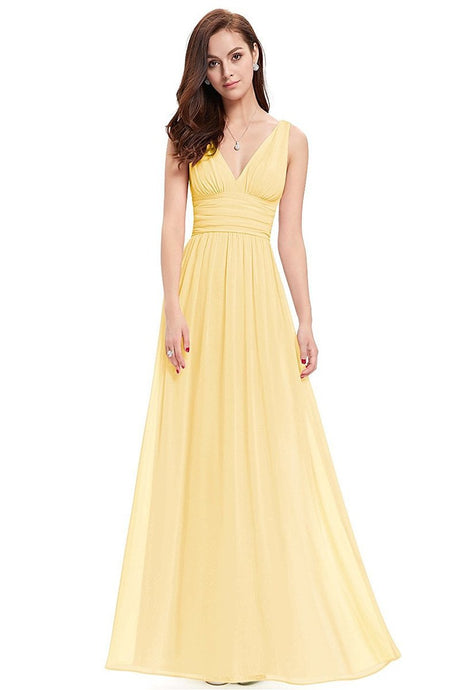 Yellow Sleeveless A-line/Princess Sleeveless V-neck Chiffon Long Bridesmaid Dress