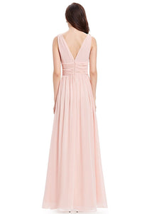 Pink Sleeveless A-line/Princess Sleeveless V-neck Chiffon Long Bridesmaid Dress