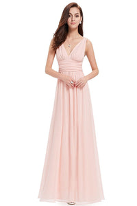 Pink Sleeveless A-line/Princess Sleeveless V-neck Chiffon Long Bridesmaid Dress