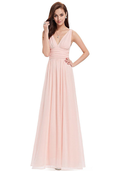 Pink Sleeveless A-line/Princess Sleeveless V-neck Chiffon Long Bridesmaid Dress