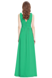 Green Sleeveless A-line/Princess Sleeveless V-neck Chiffon Long Bridesmaid Dress