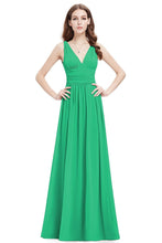 Green Sleeveless A-line/Princess Sleeveless V-neck Chiffon Long Bridesmaid Dress