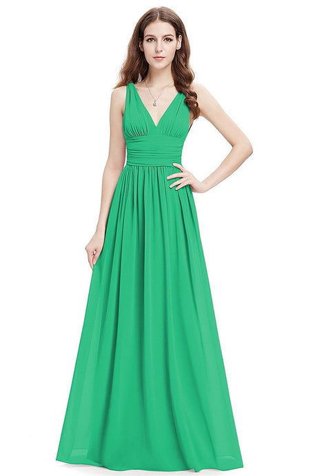 Green Sleeveless A-line/Princess Sleeveless V-neck Chiffon Long Bridesmaid Dress