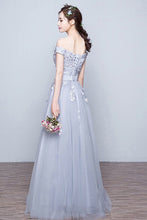 Silver Awesome A-line Off-the-shoulder Lace Applique Lace-up Floor-length Tulle Prom Dresses