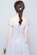 Silver Awesome A-line Off-the-shoulder Lace Applique Lace-up Floor-length Tulle Prom Dresses