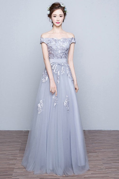 Silver Awesome A-line Off-the-shoulder Lace Applique Lace-up Floor-length Tulle Prom Dresses