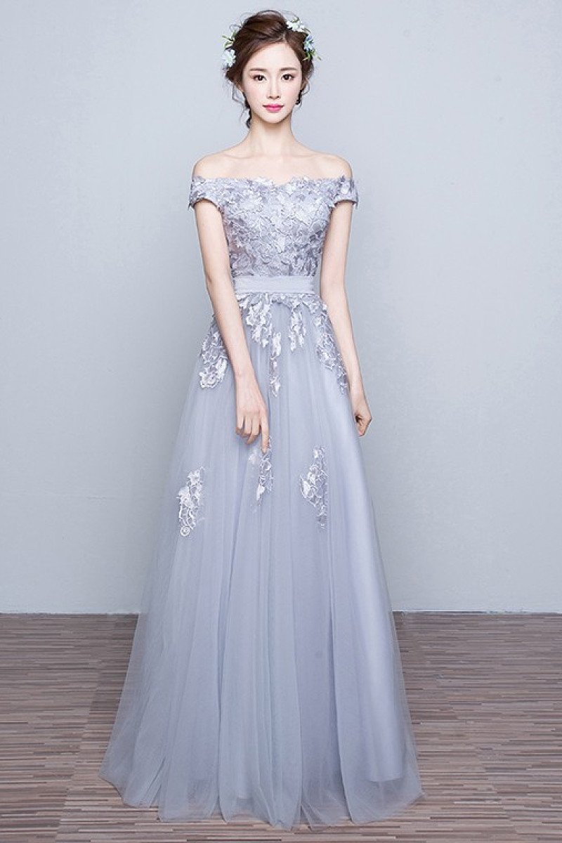 Silver Awesome A-line Off-the-shoulder Lace Applique Lace-up Floor-length Tulle Prom Dresses