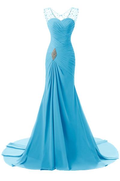 Blue Tactile Chiffon Scoop Trumpet/Mermaid Sleeveless Lace-up Evening Dresses