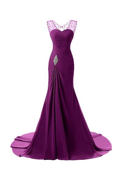 Grape Tactile Chiffon Scoop Trumpet/Mermaid Sleeveless Lace-up Evening Dresses
