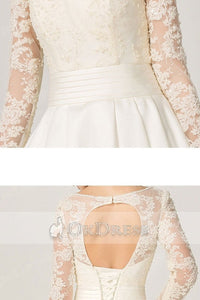 Ivory A-line Long Sleeves Illusion Neckline Bridal Wedding Dresses