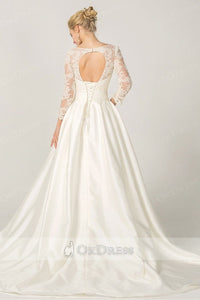 Ivory A-line Long Sleeves Illusion Neckline Bridal Wedding Dresses