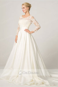 Ivory A-line Long Sleeves Illusion Neckline Bridal Wedding Dresses