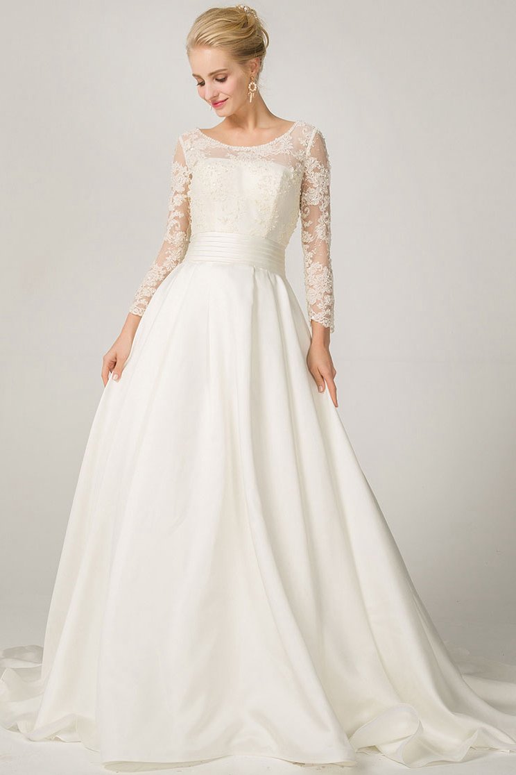 Ivory A-line Long Sleeves Illusion Neckline Bridal Wedding Dresses