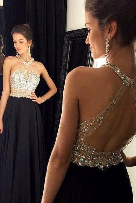 Black Sacred Halter Sleeveless Sweep Train A-line/Princess Prom Dresses