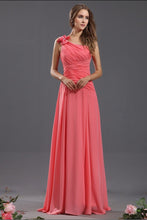 A Line One Shoulder Handmade Flower Chiffon Ruffles Long Bridesmaid Dresses