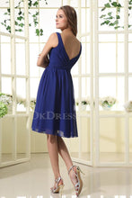 Blue A-line V-neck Sleeveless Chiffon Ruffles Knee-length Bridesmaid Dresses