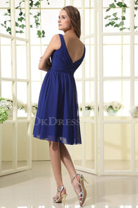 Blue A-line V-neck Sleeveless Chiffon Ruffles Knee-length Bridesmaid Dresses