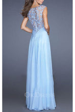 Sky Blue  Embellished Lace Applique Bodice Chiffon Long Prom Dresses