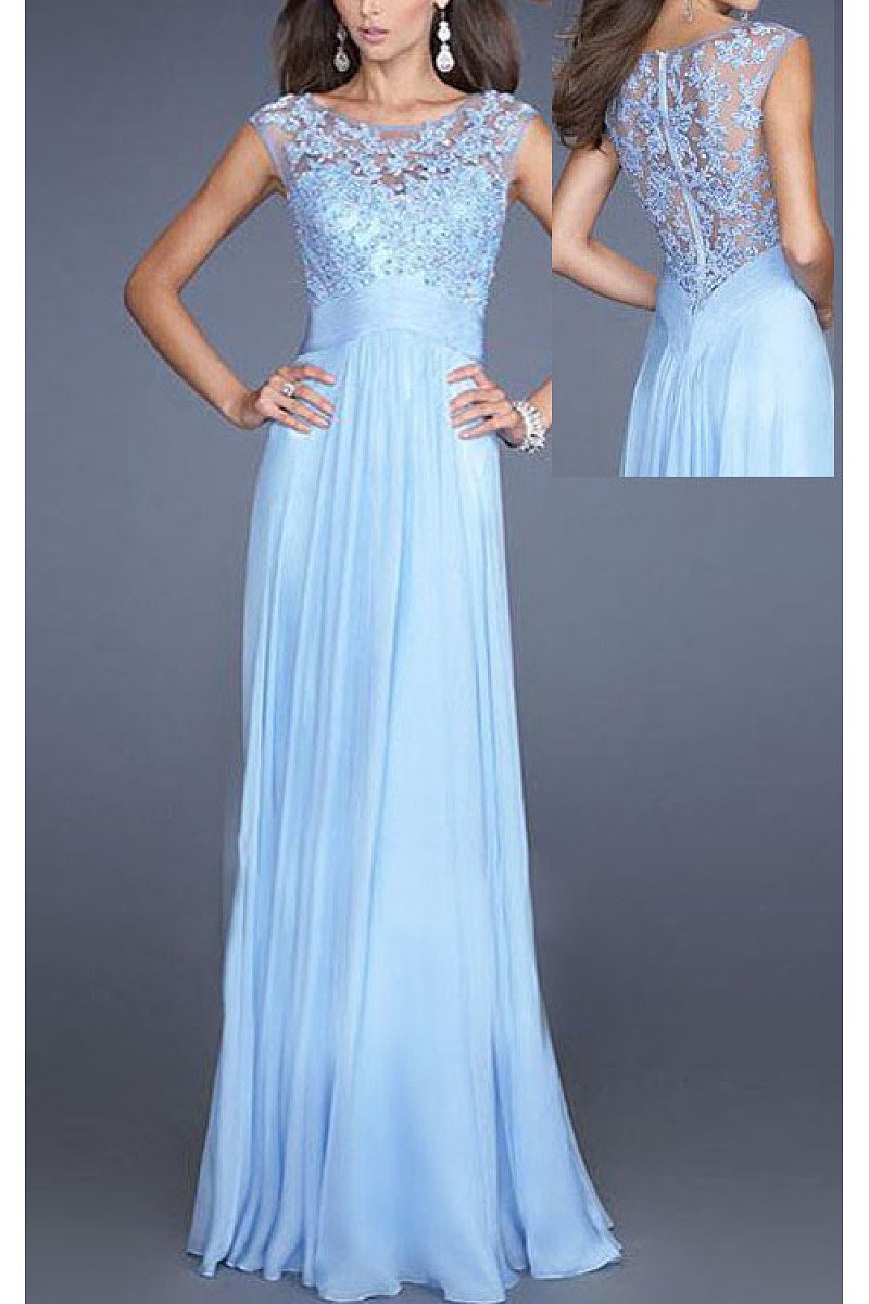 Sky Blue  Embellished Lace Applique Bodice Chiffon Long Prom Dresses