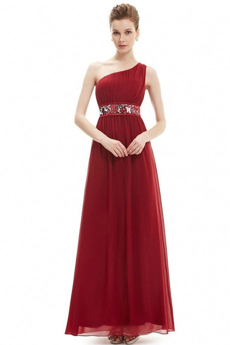 Red A-line One-shoulder Sequined Sash Chiffon Long Bridesmaid Dress