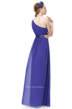 Blue A-line One-shoulder Sequined Sash Chiffon Long Bridesmaid Dress