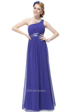 Blue A-line One-shoulder Sequined Sash Chiffon Long Bridesmaid Dress