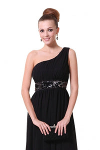 Black A-line One-shoulder Sequined Sash Chiffon Long Bridesmaid Dress