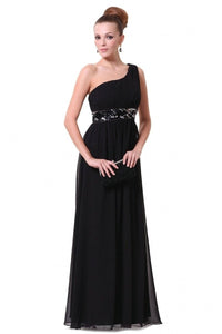 Black A-line One-shoulder Sequined Sash Chiffon Long Bridesmaid Dress