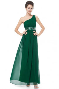 Green A-line One-shoulder Sequined Sash Chiffon Long Bridesmaid Dress