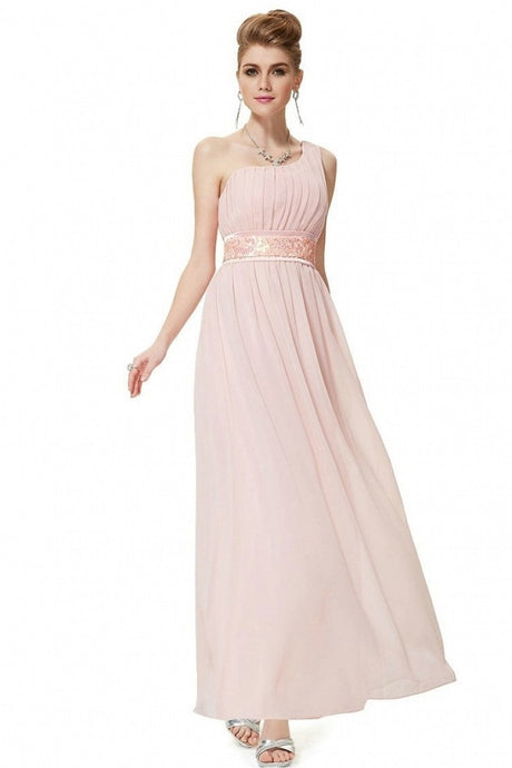 Pink A-line One-shoulder Sequined Sash Chiffon Long Bridesmaid Dress