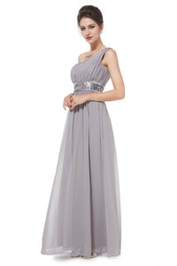 Silver A-line One-shoulder Sequined Sash Chiffon Long Bridesmaid Dress