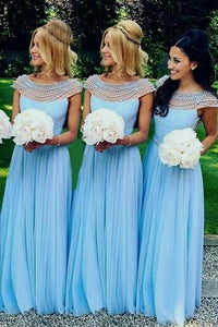 Blue Fantastic Beading Cap Sleeves A-line Floor-length Bridesmaid Dresses
