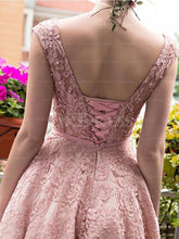 Pink Bateau A-line/Princess Sleeveless Beading Lace up Lace Long Prom Dresses