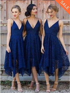 Spaghetti Straps Asymmetrical Deep V-Neck Dark Navy Lace Bridesmaid Dresses