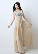 Champagne Splendid A-line V-neck Sequined Chiffon Long Evening Dresses