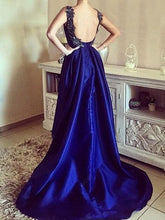 blue A-line Sleeveless Sequin Satin High-low Prom Dresses
