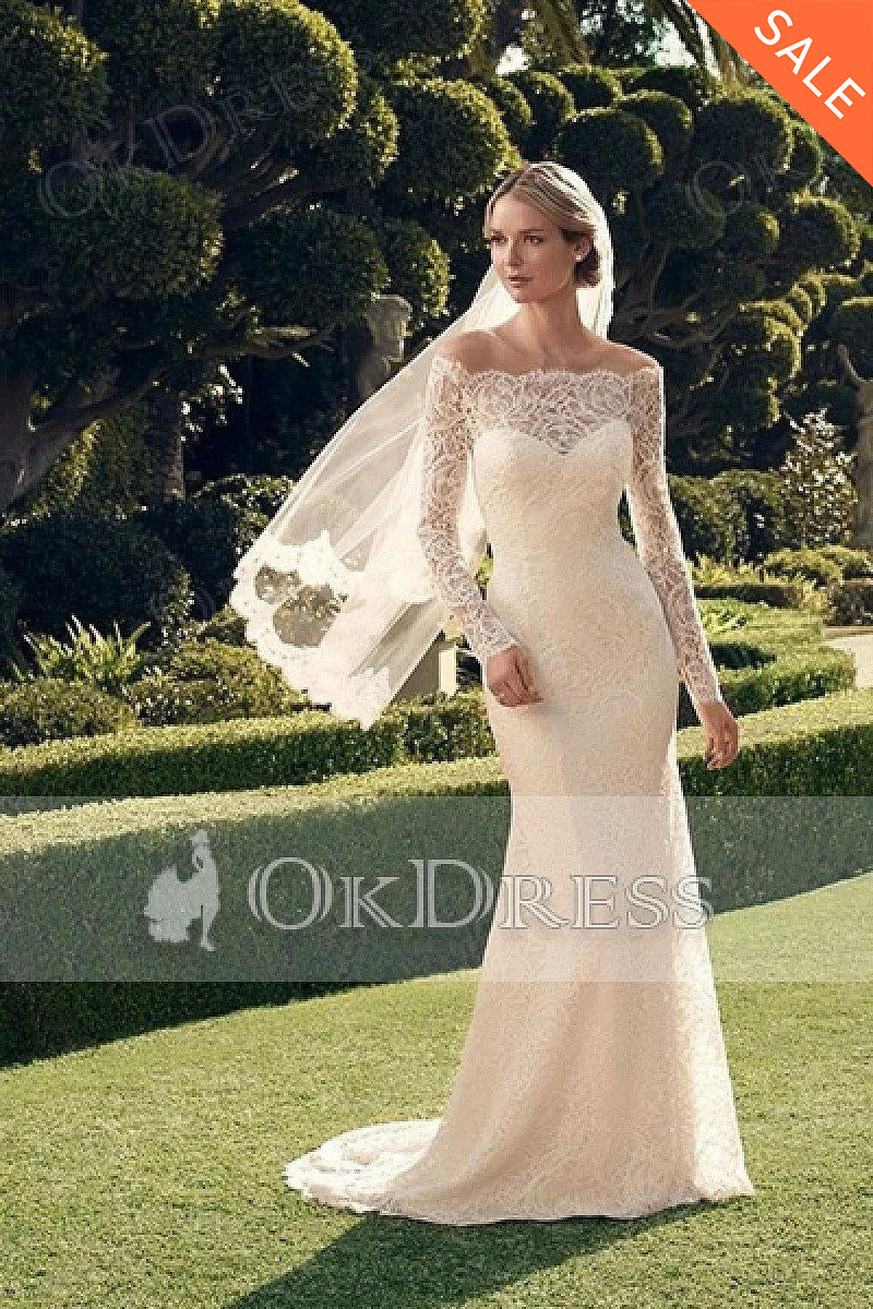 White Sheath/Column Off-the-shoulder Full/Long sleeves Bridal Wedding Dresses