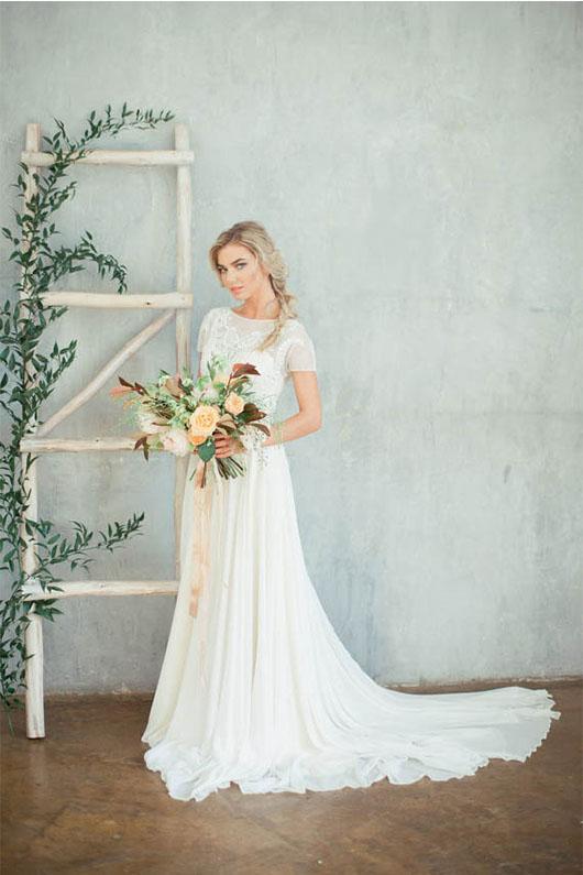 Chic A-line Short Sleeves Illusion Lace & Chiffon Wedding Dresses   Okeydress