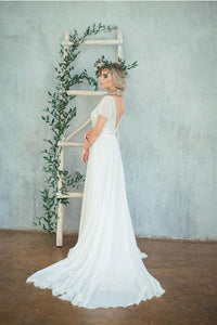 Chic A-line Short Sleeves Illusion Lace & Chiffon Wedding Dresses