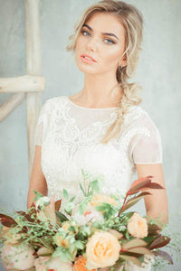 Chic A-line Short Sleeves Illusion Lace & Chiffon Wedding Dresses