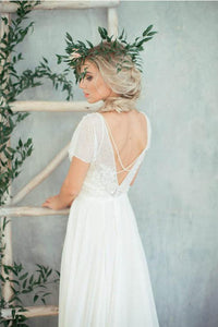 Chic A-line Short Sleeves Illusion Lace & Chiffon Wedding Dresses