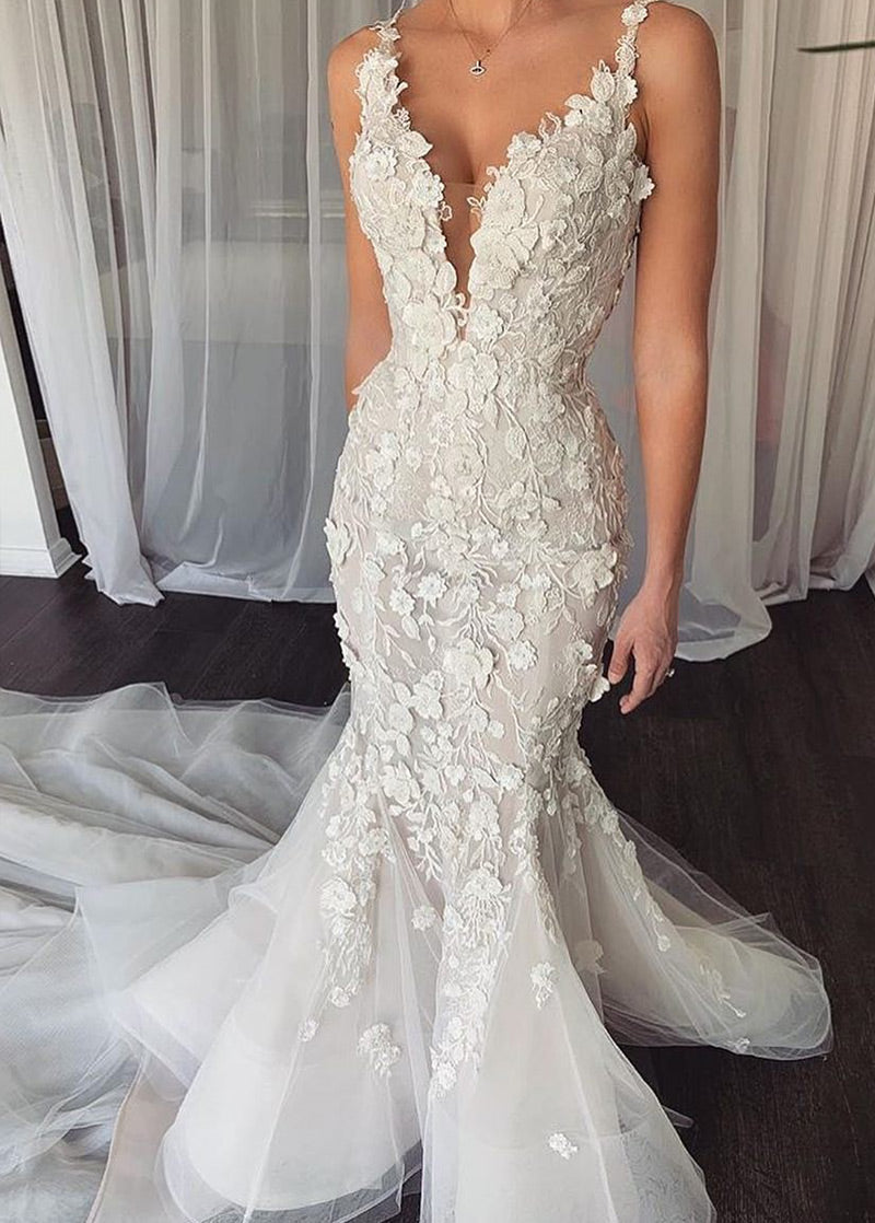 Trumpet/Mermaid Off-the-Shoulder Sweep Train Tulle Wedding Dresses With Appliques Lace main image 1