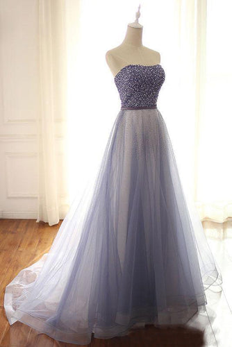 Tulle Beading Sweetheart Sweep Train Prom Dresses