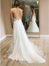 Tulle Sweep Train V-neck Open Back Wedding Dresses Flower(s)